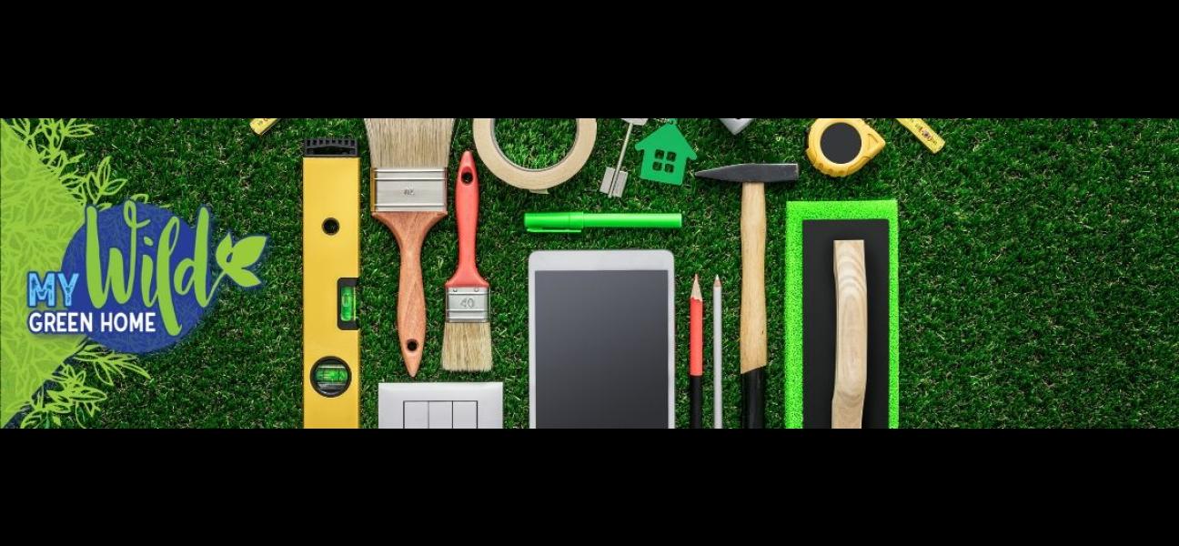 A flat lay of hardware tools, pencils, paintbrushes, an iPad, and tape on grass