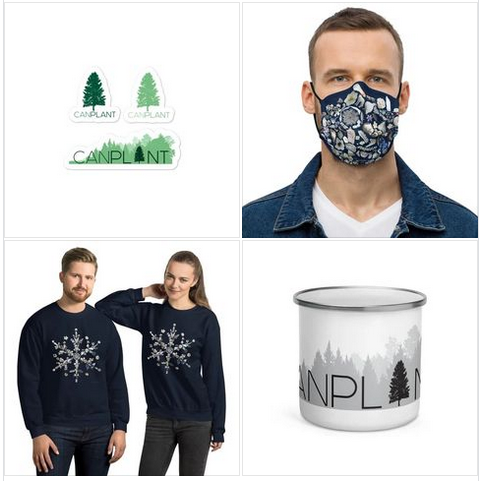 CanPlant products - stickers, face mask, sweatshirts, and camping mug